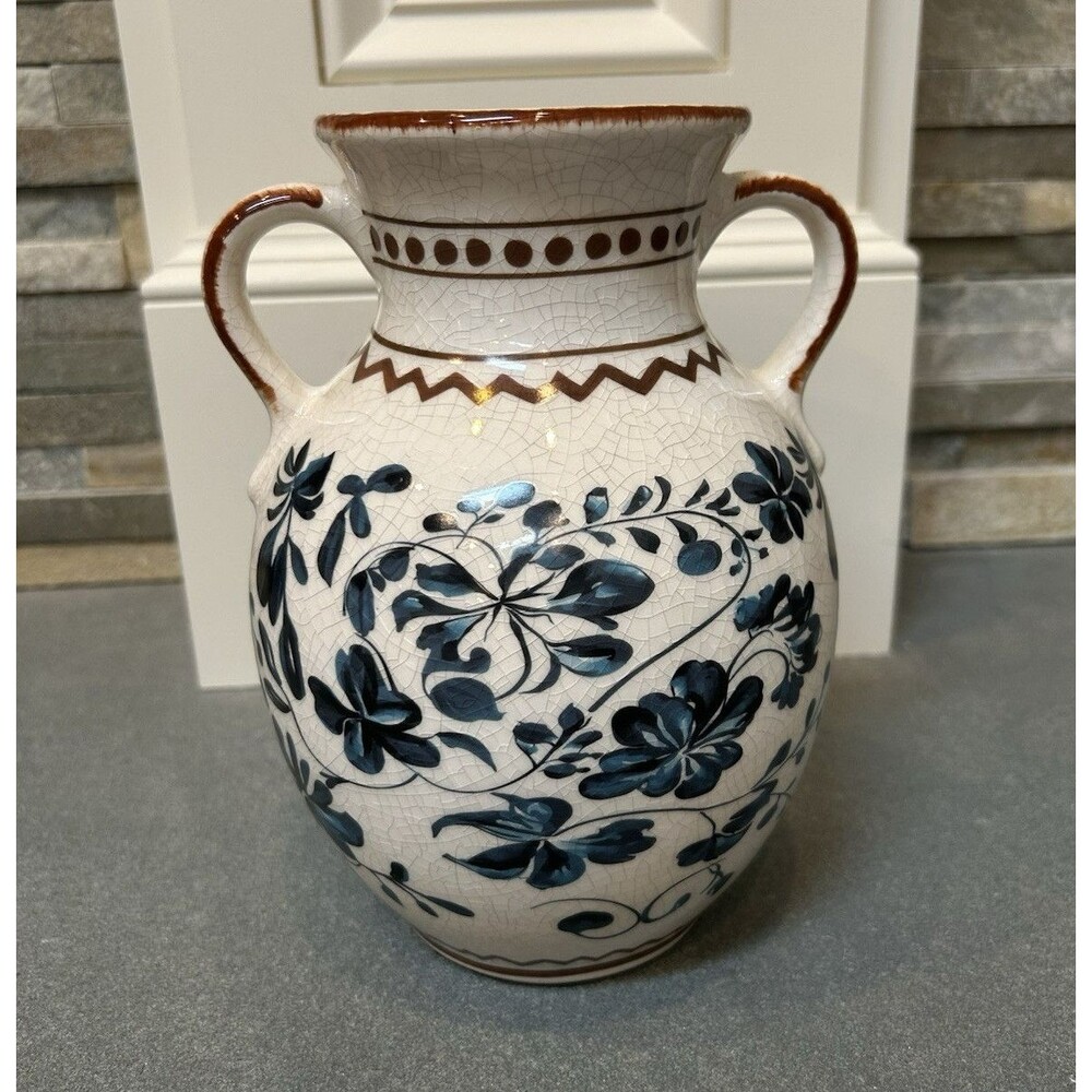 Blue & White Floral Crackle Finish Ceramic Jug Pitcher, 2 Handles, 8.5 in